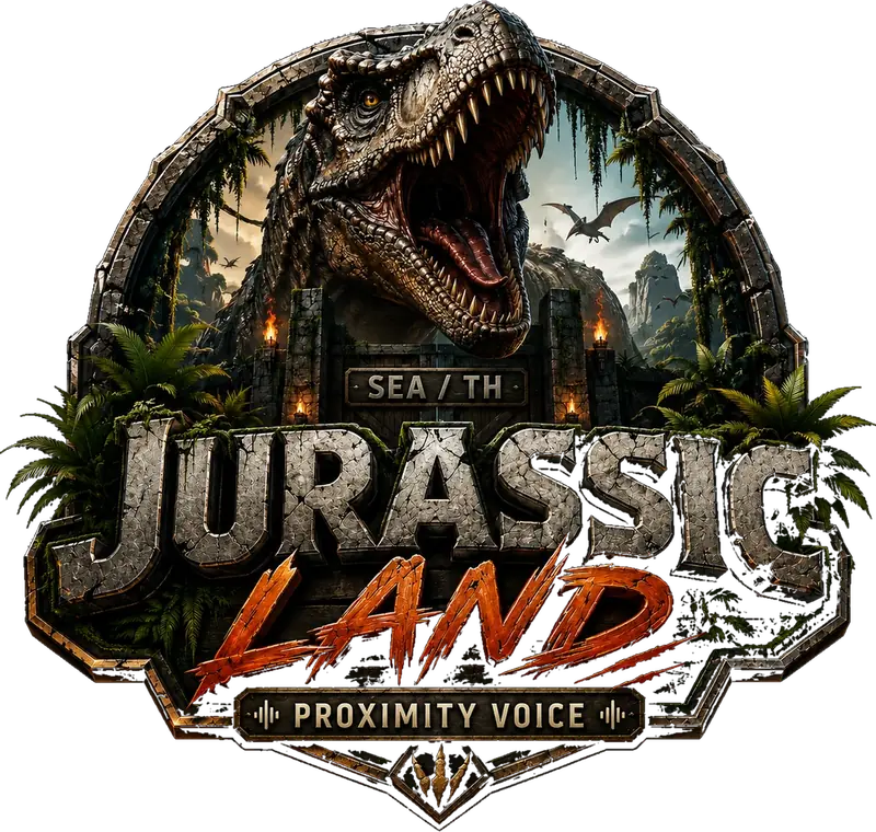 Jurassic Land crest - a tyrannosaur roaring through a stone gate, over the words Jurassic Land, Proximity Voice